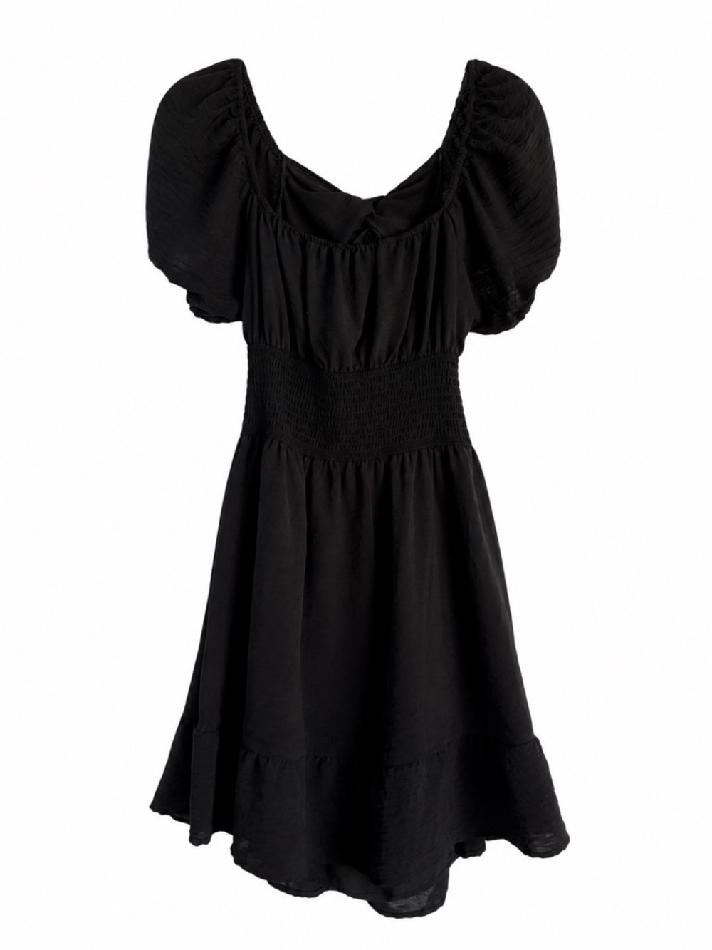 Black Puff Sleeve Smocked Mini Dress Flowy Cottagecore Style
